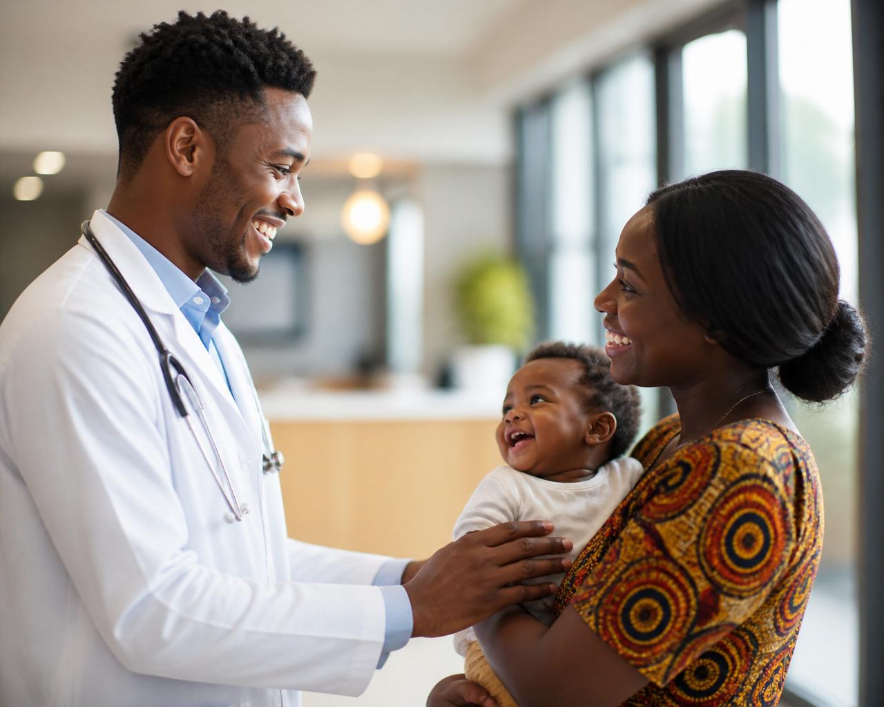Doctor greeting a mother and child at St. Ernest Medical Point Centre